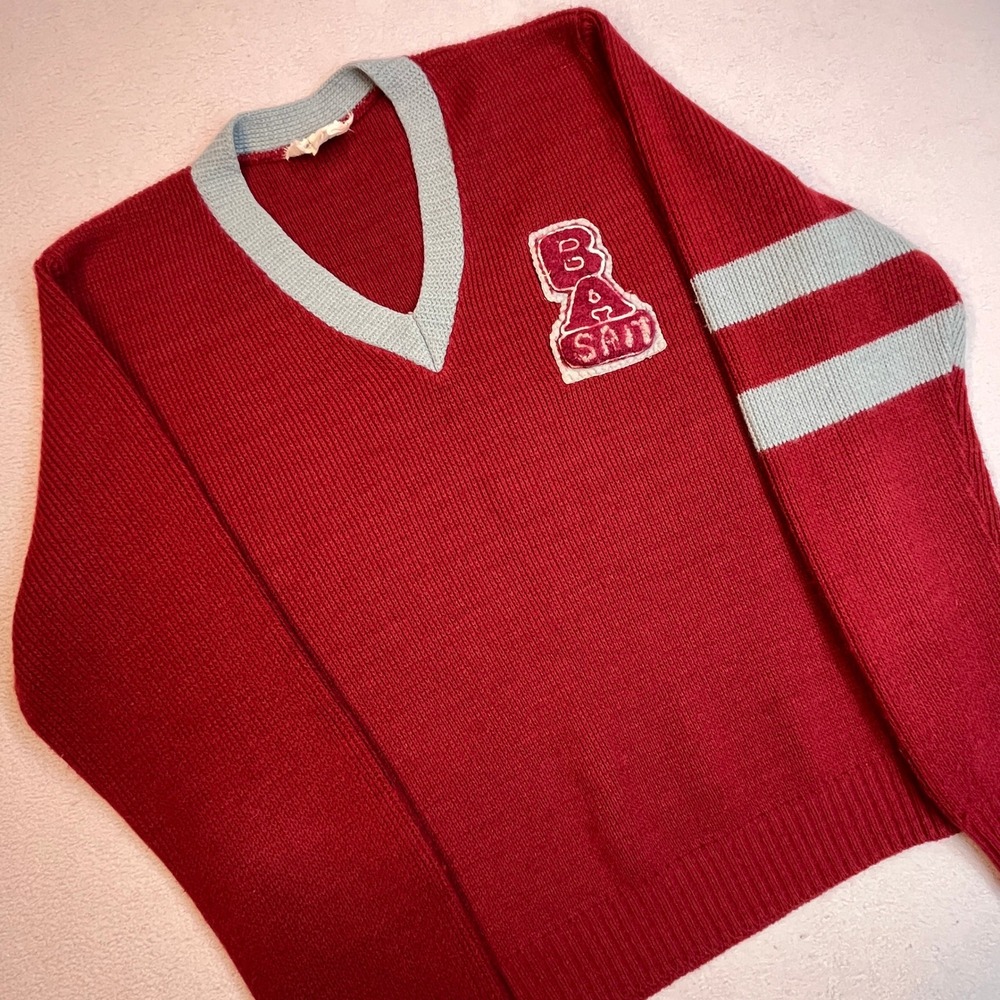 Vintage Activewear Varsity Sweater Red V-Neck Chenille Patch BA SAIT Small